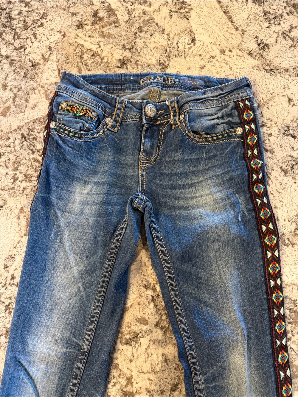 Grace in LA Blue Skinny Jeans with Multicolor Embroidered Side Trim